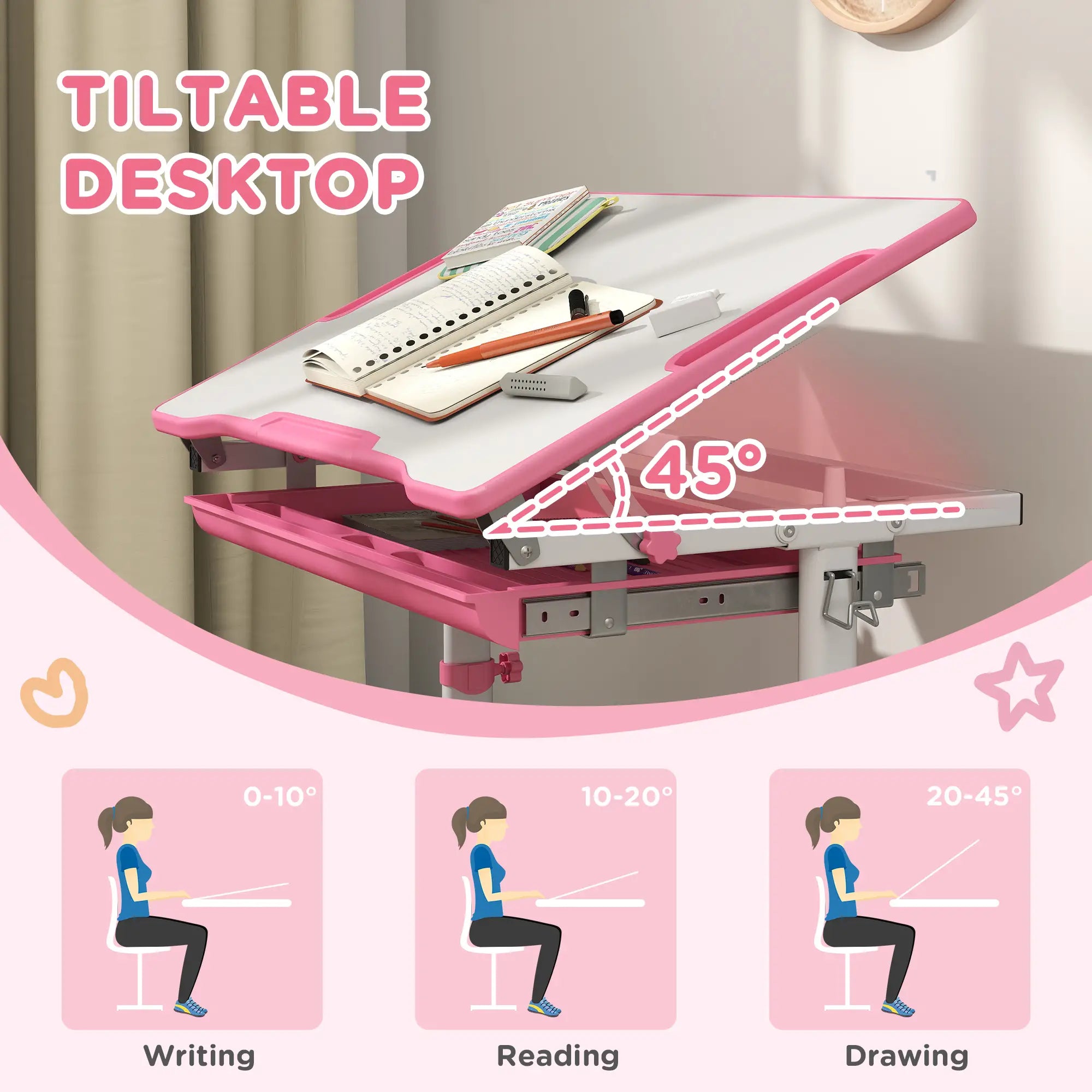 Adjustable Study Table, Chair Set with Drawer, Pink Kids Desk Sets at Gallery Canada