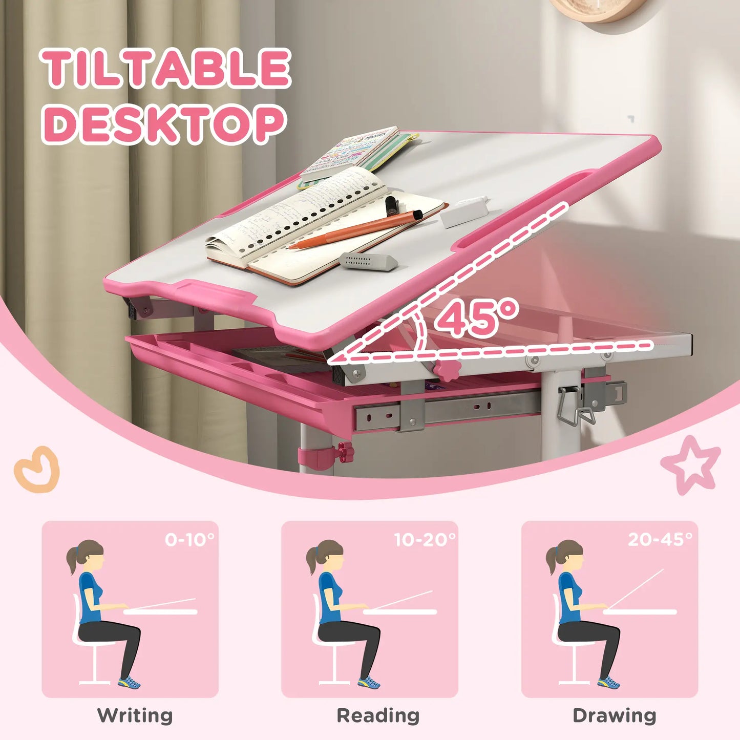 Adjustable Study Table, Chair Set with Drawer, Pink Kids Desk Sets at Gallery Canada