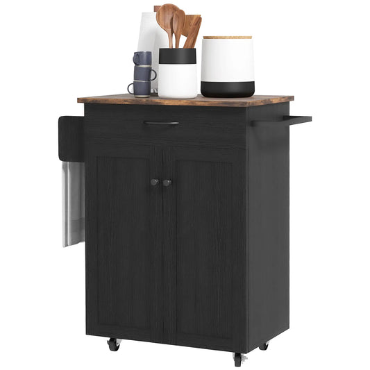 Modern Rolling Kitchen Island Cart, Natural Wood Top, Distressed Black, Black Kitchen Islands & Kitchen Carts Distressed Black, Rustic Brown at Gallery Canada