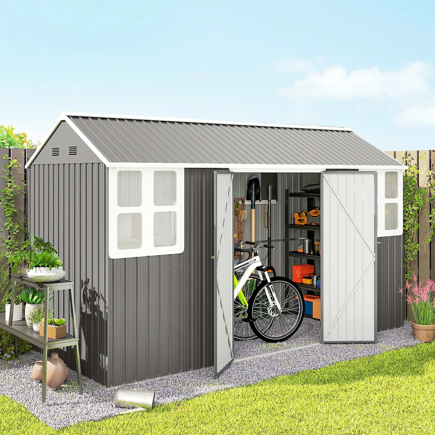 12' x 5.5' Metal Garden Storage Shed, Lockable Door, Light Grey Sheds at Gallery Canada