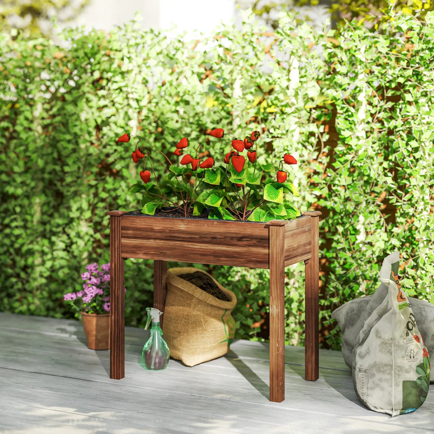 34" x 18" x 30" Wooden Raised Garden Bed Planter, Elevated With Legs, Carbonized