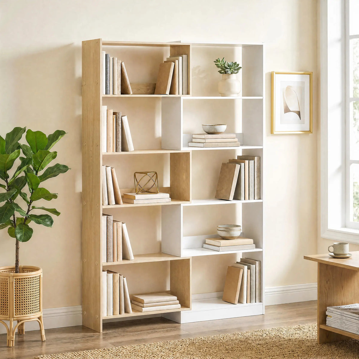 Corner Bookshelf, 5-Tier L-Shaped Bookcase with 350° Rotating Design, Two-Tone Design, Fruitwood/White Display Bookshelves at Gallery Canada