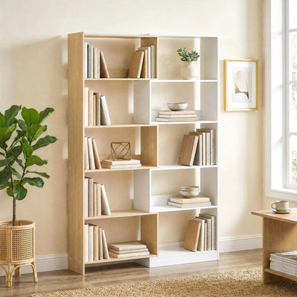 Corner Bookshelf, 5-Tier L-Shaped Bookcase with 350° Rotating Design, Two-Tone Design, Fruitwood/White Display Bookshelves at Gallery Canada