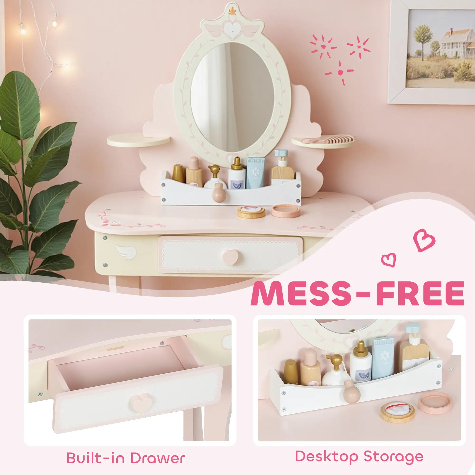 Kids Vanity Set with Mirror, Stool, 7 Accessories, Pink Toy Vanity at Gallery Canada