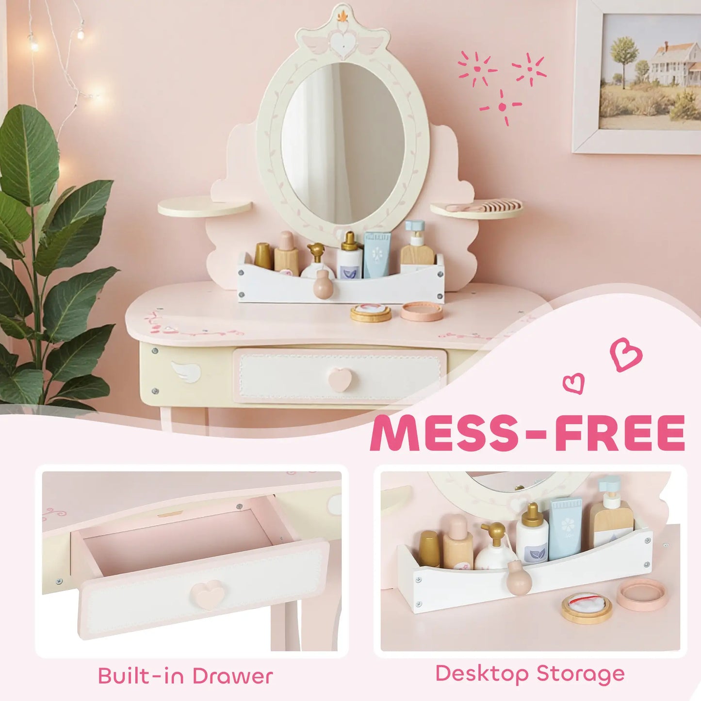 Kids Vanity Set with Mirror, Stool, 7 Accessories, Pink Toy Vanity at Gallery Canada