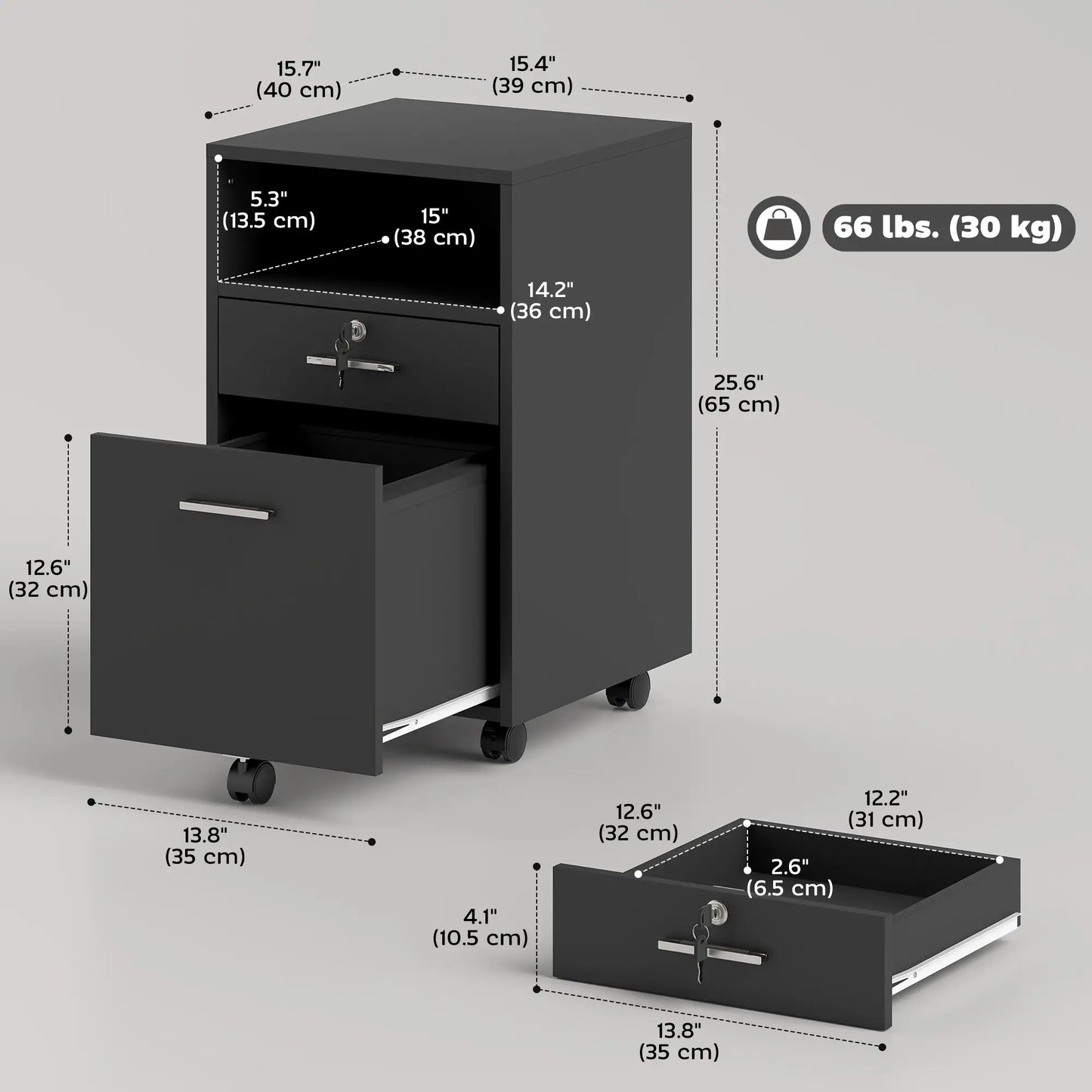 Small 2-Drawer Filing Cabinet, Lockable, on Wheels, A4 Letter Size, Black Office Cabinets & Cupboards at Gallery Canada
