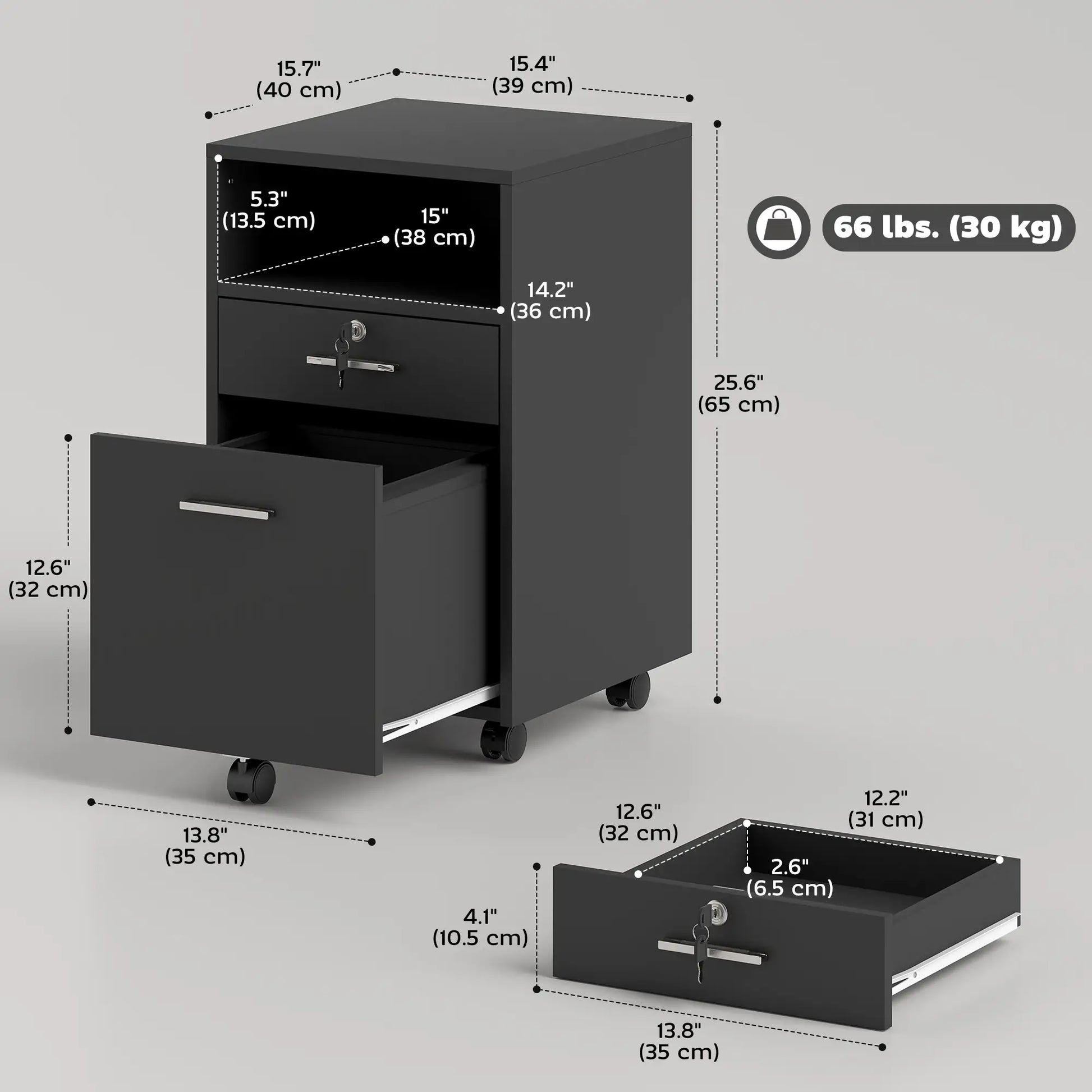 Small 2-Drawer Filing Cabinet, Lockable, on Wheels, A4 Letter Size, Black Office Cabinets & Cupboards at Gallery Canada