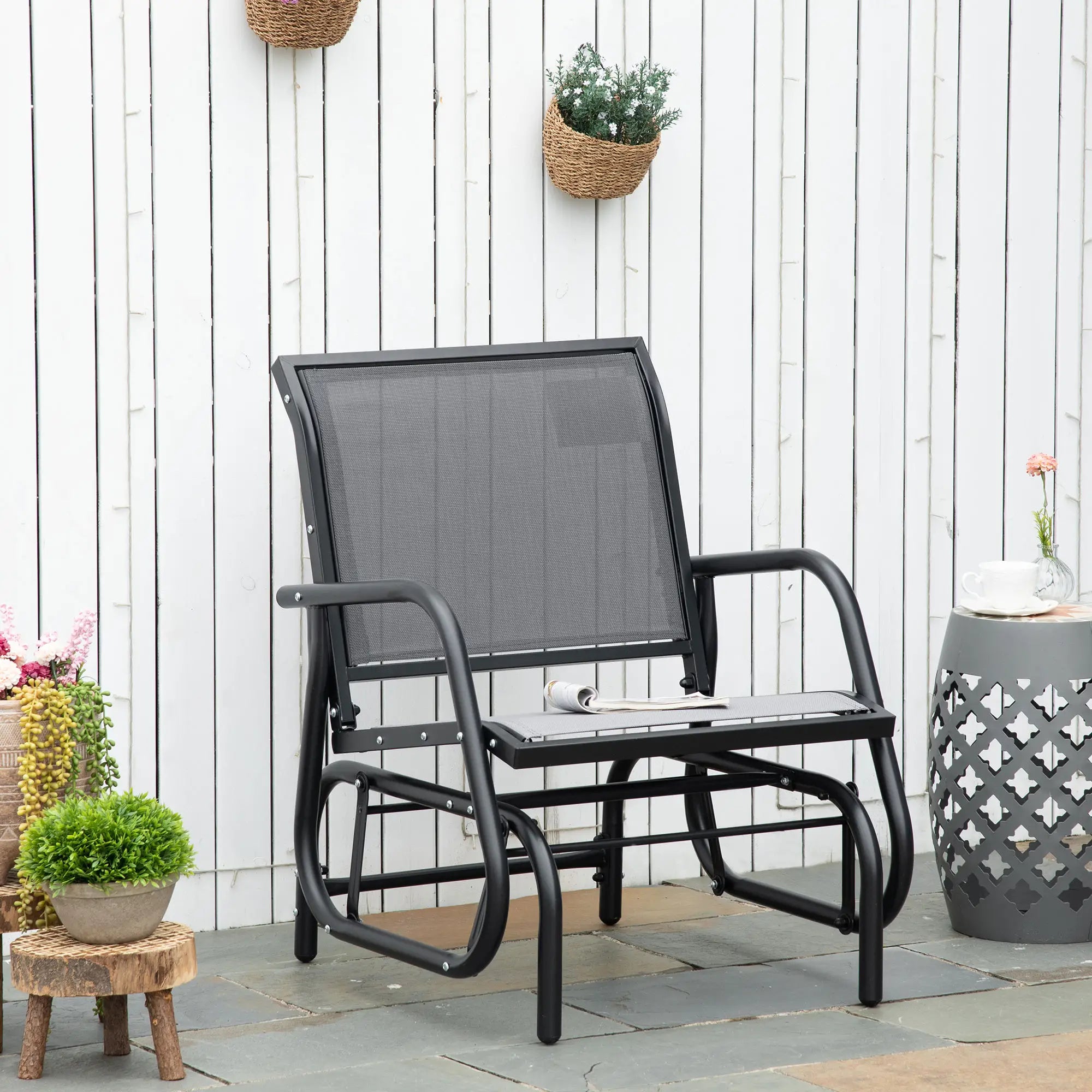Patio Glider, Breathable Mesh Seat, Metal Frame, Outdoor Swing Chair, Grey Outdoor Gliders at Gallery Canada