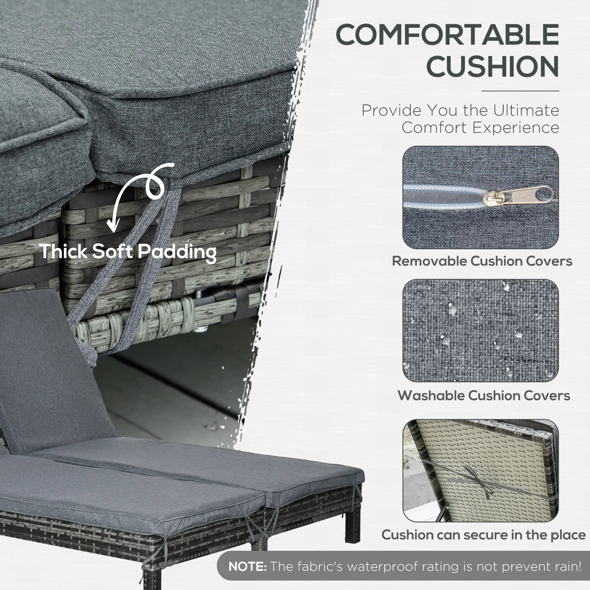 Wicker Double Chaise Lounge, Outdoor Recliner, Rattan Sunbed, Adjustable Backrest, Black, Grey Chaise Loungers at Gallery Canada