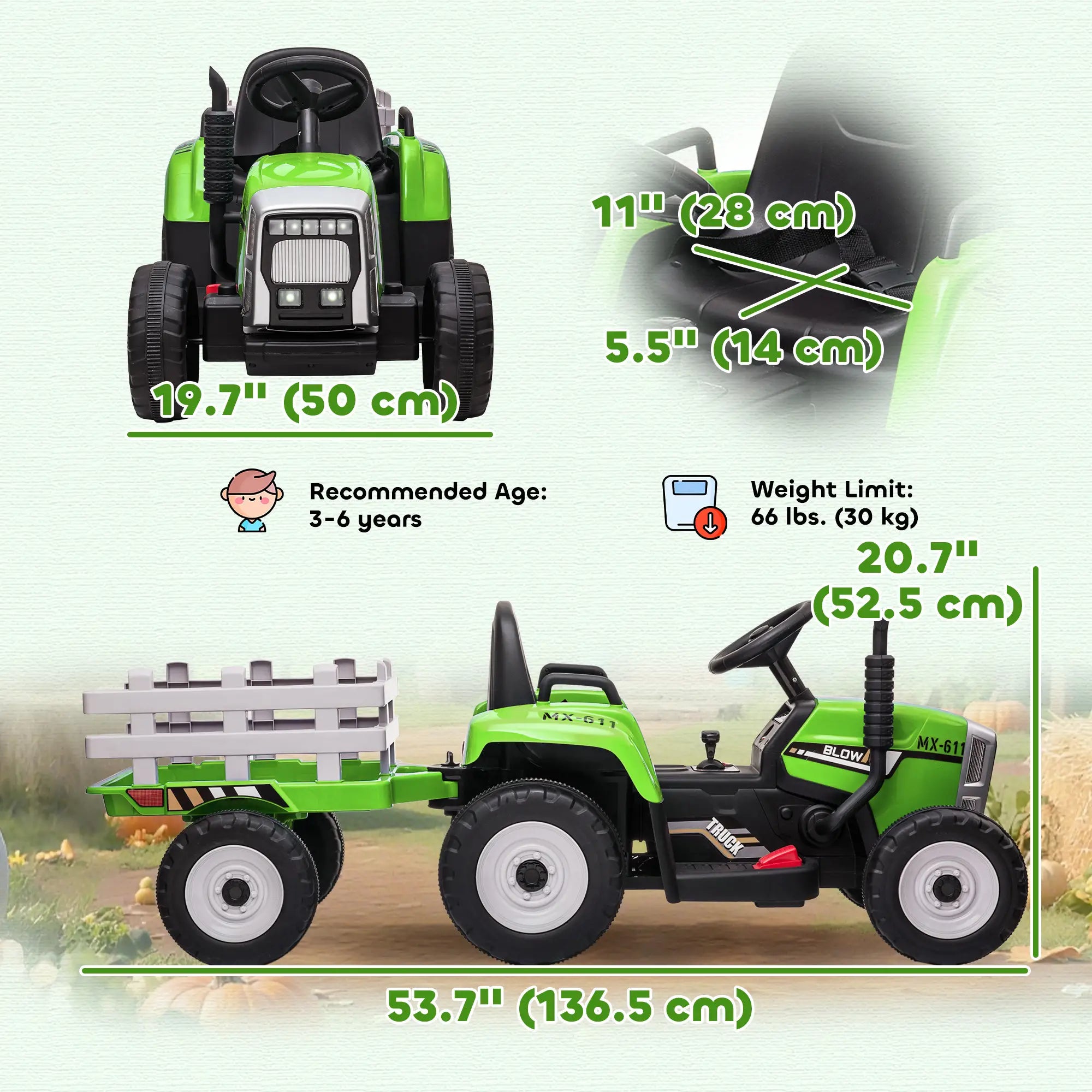 12V Kids Ride on Tractor with Trailer, Remote Control, Music, LED Lights, Green Electric Toy Cars at Gallery Canada