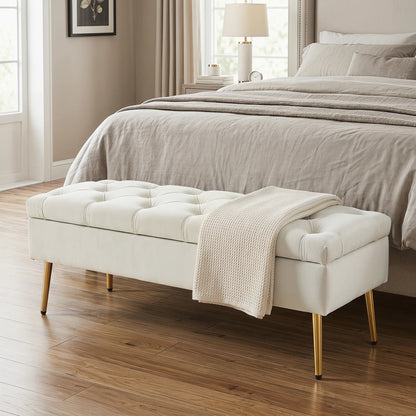 Upholstered Bedroom Bench with Gold Tone Metal Legs, Velvet Tufted and Thick Padding, Beige