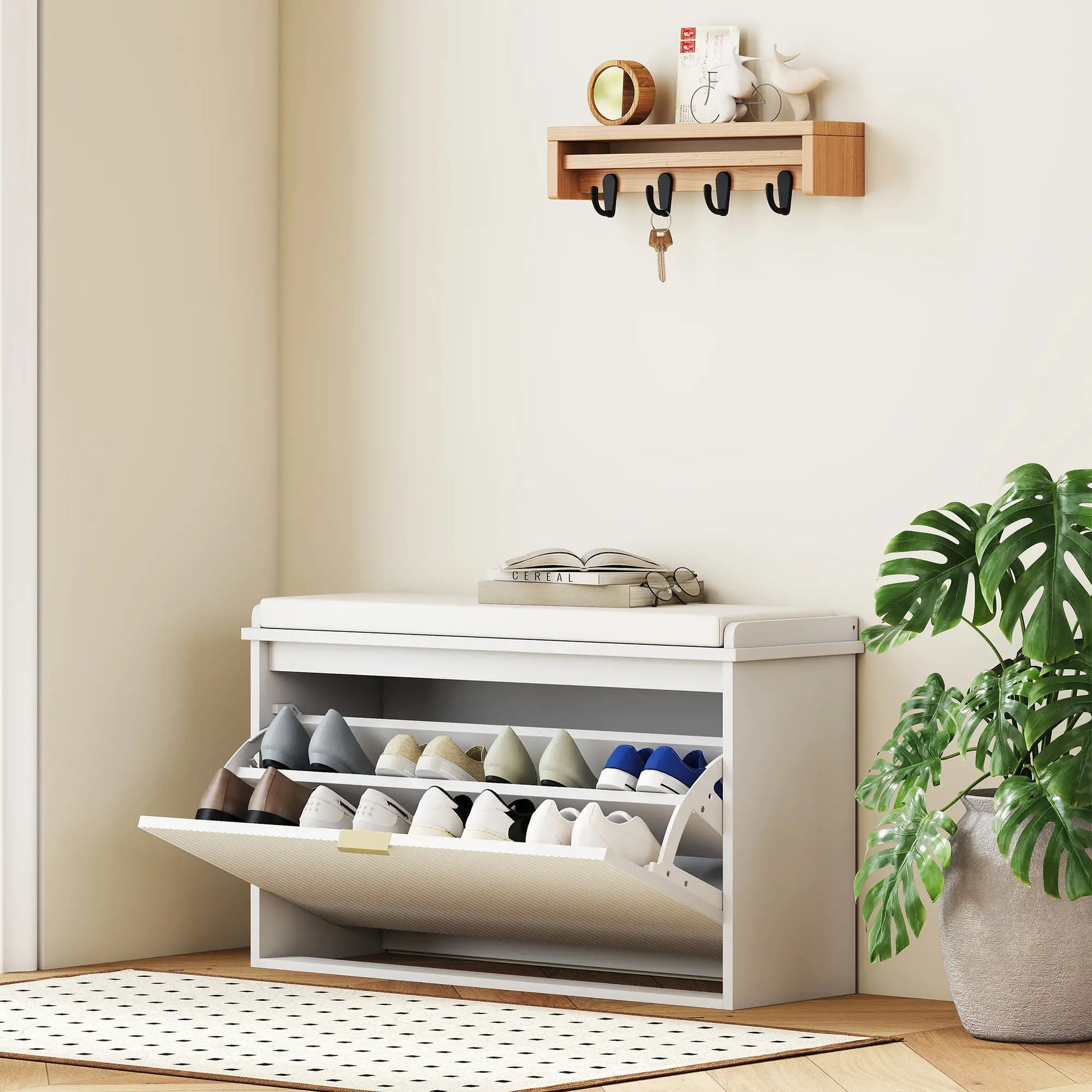 Entryway Bench with Padded Seat, Flip-Drawers, Holds 265lbs, Shoe Storage for 8 Pairs, White Shoe Storage Cabinets & Racks at Gallery Canada