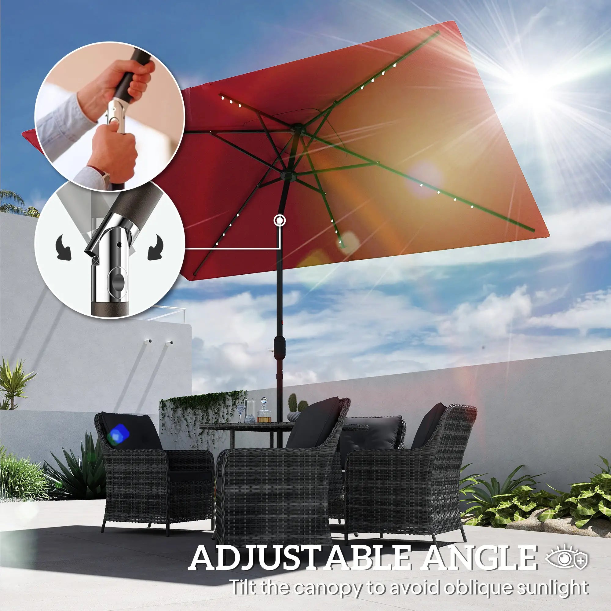 6' x 10' Rectangular Patio Umbrella, 22 LED Solar Lights, Tilt, Crank, Wine Red Sun Umbrellas at Gallery Canada