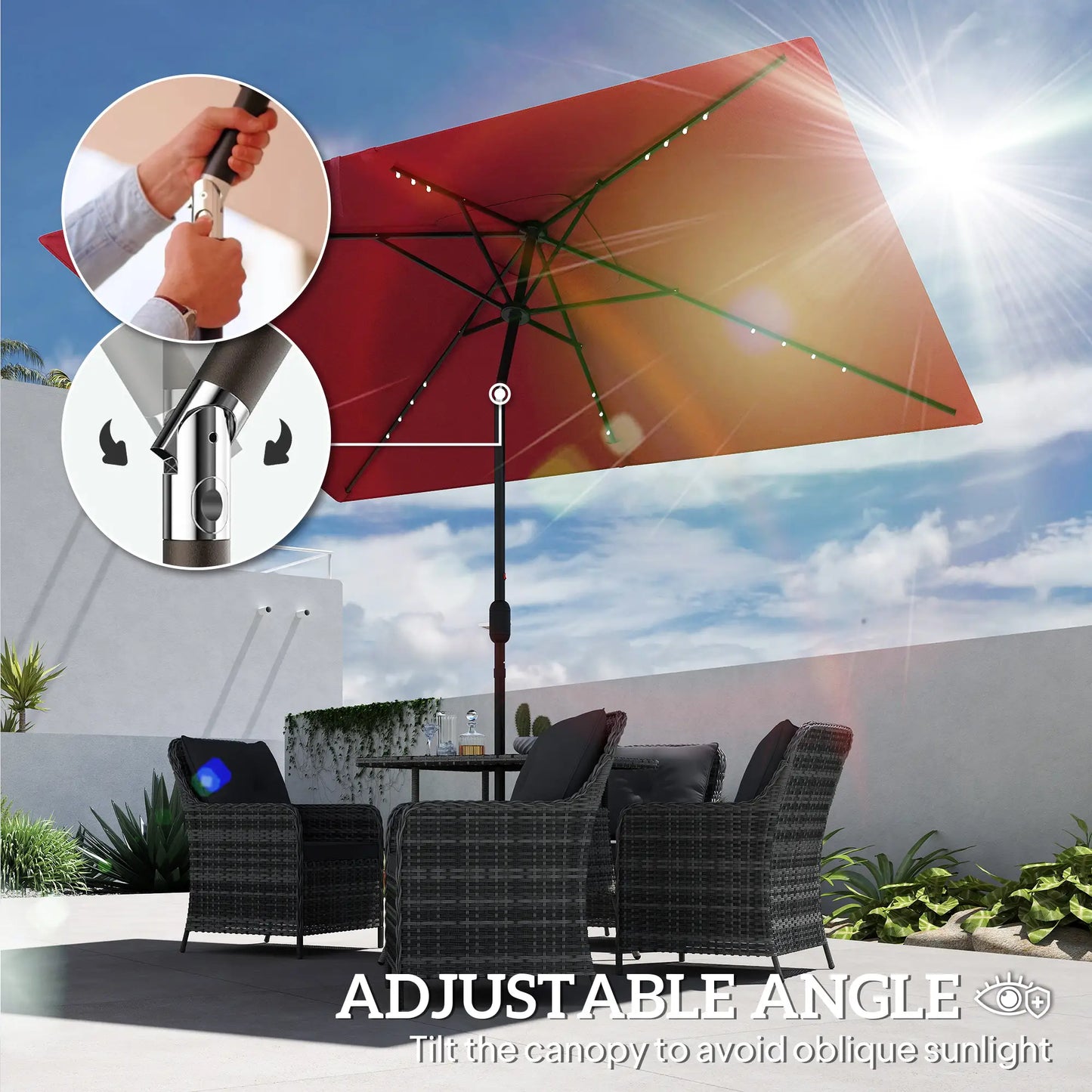 6' x 10' Rectangular Patio Umbrella, 22 LED Solar Lights, Tilt, Crank, Wine Red Sun Umbrellas at Gallery Canada