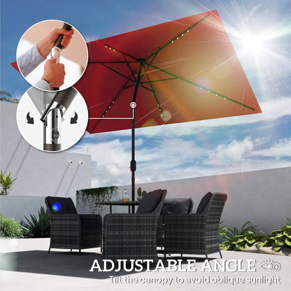 6' x 10' Rectangular Patio Umbrella, 22 LED Solar Lights, Tilt, Crank, Wine Red Sun Umbrellas at Gallery Canada