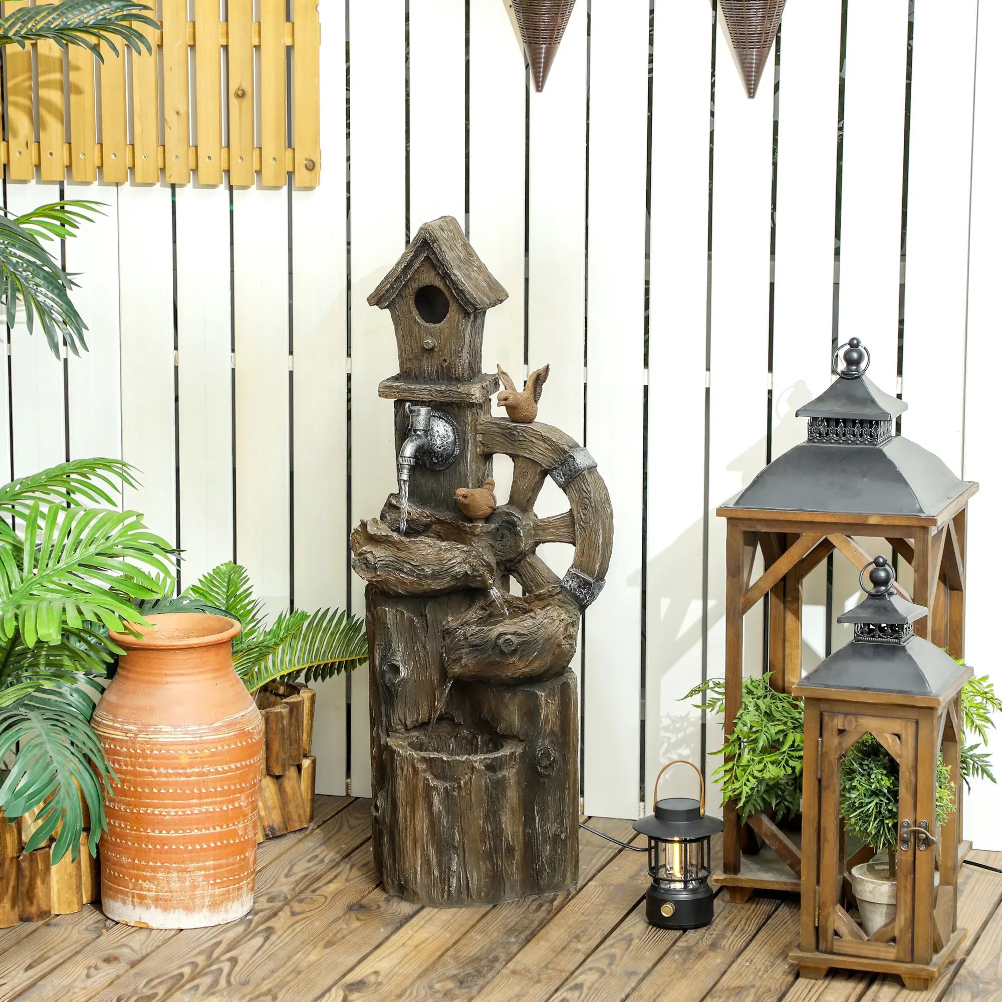 2-in-1 Outdoor Water Fountain With Birdhouse, 13.6