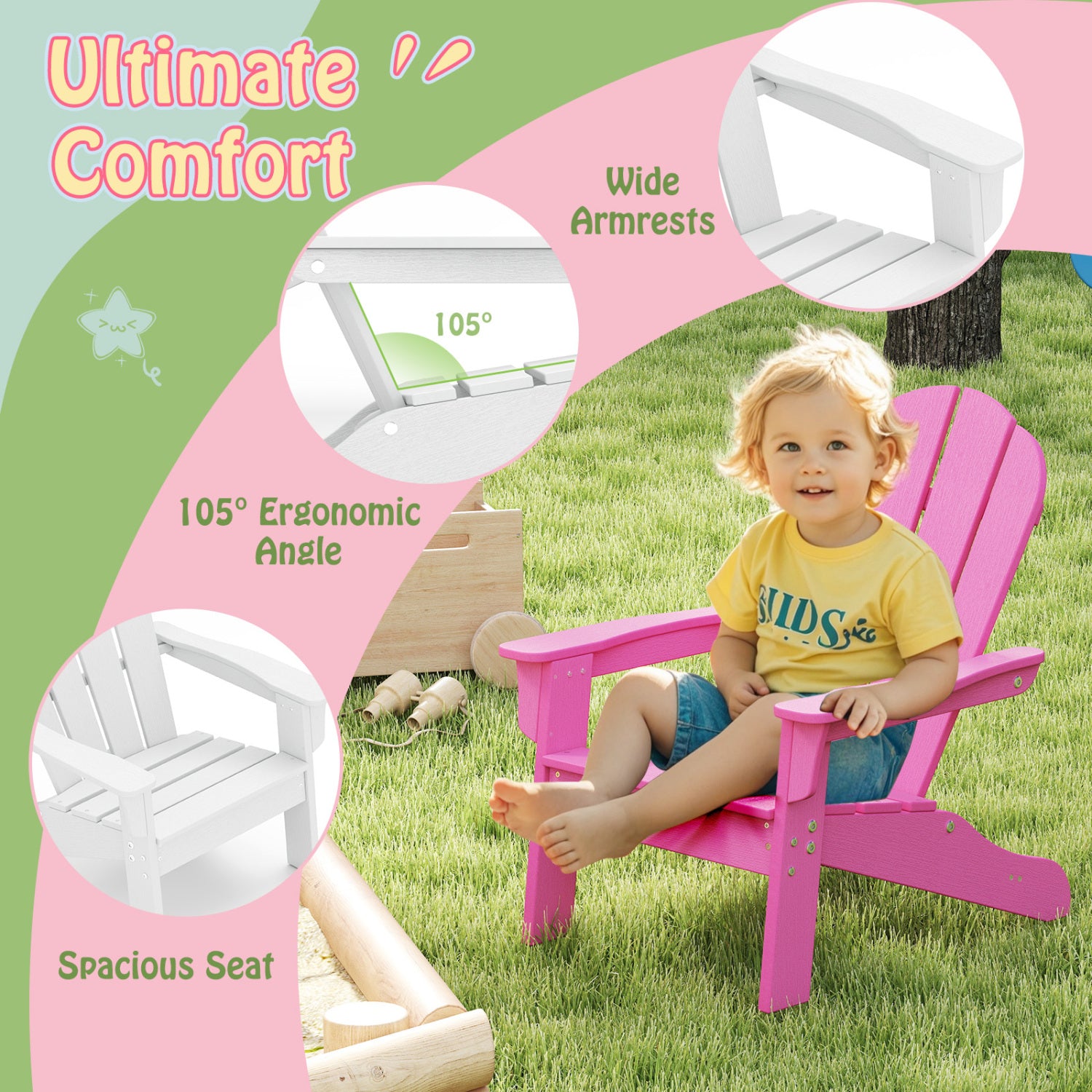 HDPE Kids Adirondack Chair, High Backrest, Armrests, Pink Kids Chairs & Seating at Gallery Canada