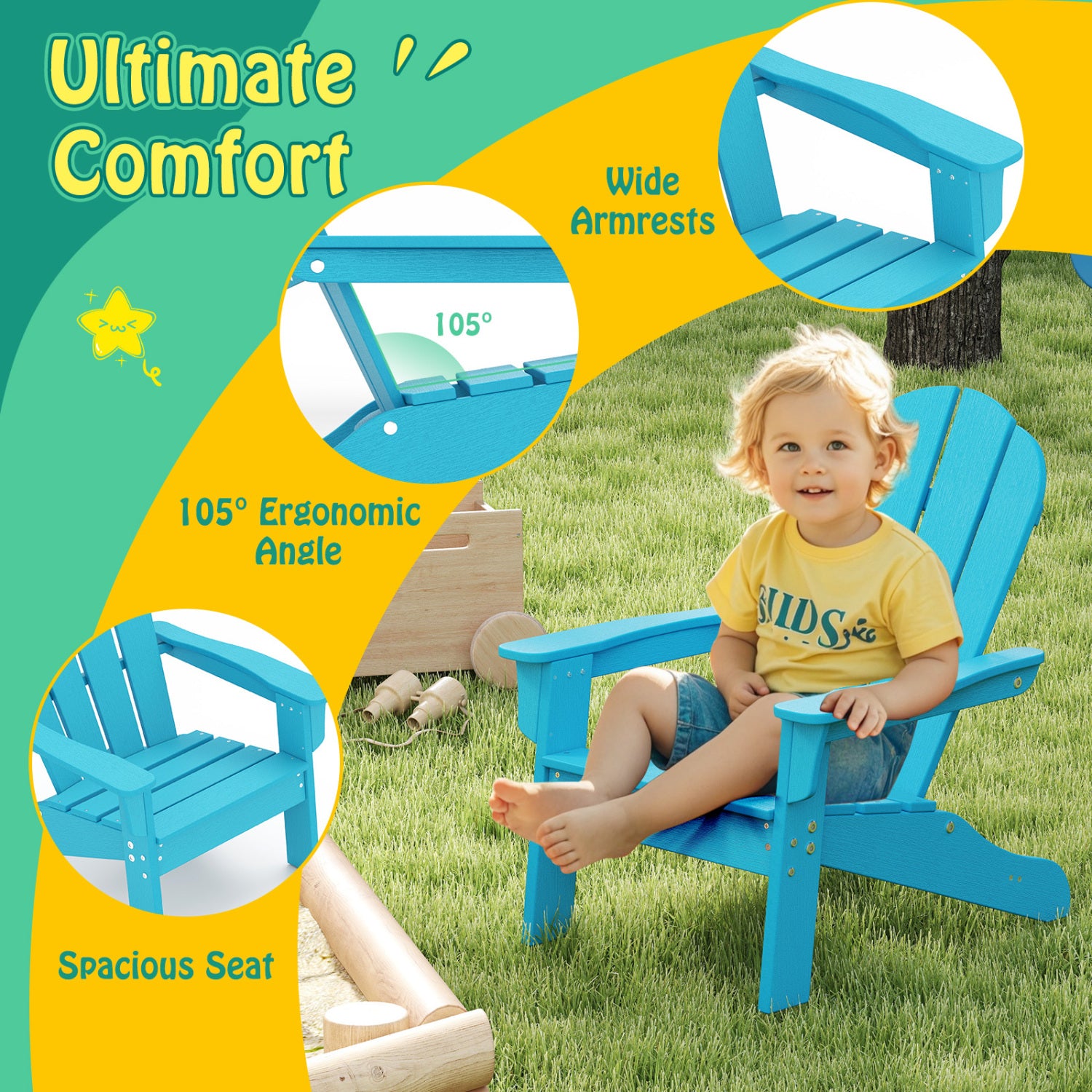Kids Adirondack Chair, HDPE, All-Weather, Turquoise Kids Chairs & Seating at Gallery Canada