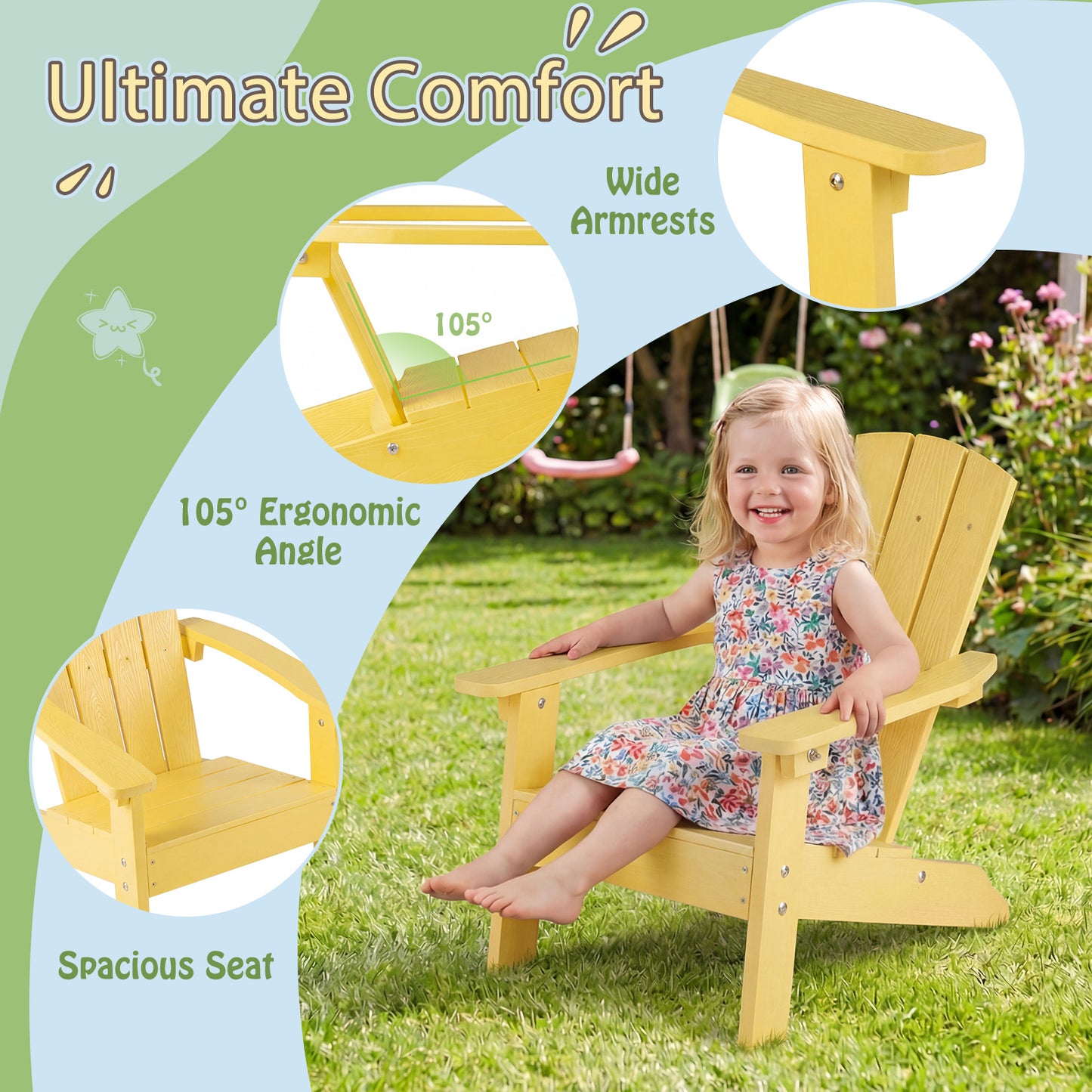 All-Weather HDPE Kids Adirondack Chair, High Backrest, Yellow Kids Chairs & Seating at Gallery Canada