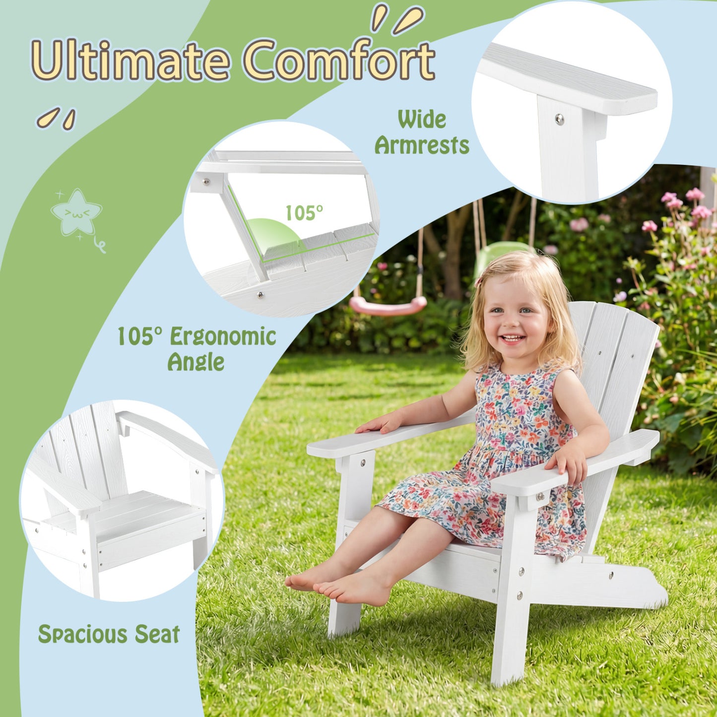 Kids Adirondack Chair, All-Weather HDPE, High Backrest, White Kids Chairs & Seating at Gallery Canada
