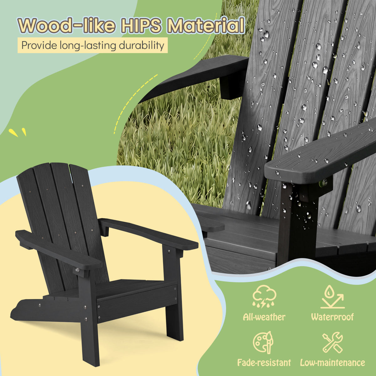 Chaise Adirondack pour enfant en HIPS tout temps, dossier haut, noir