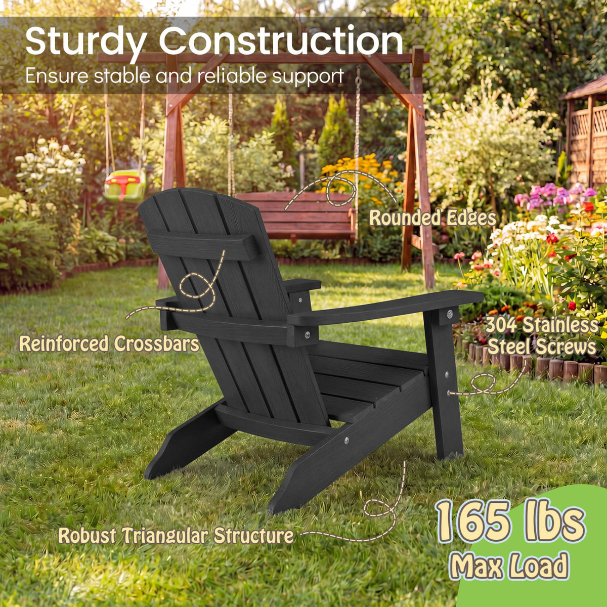 Chaise Adirondack pour enfant en HIPS tout temps, dossier haut, noir