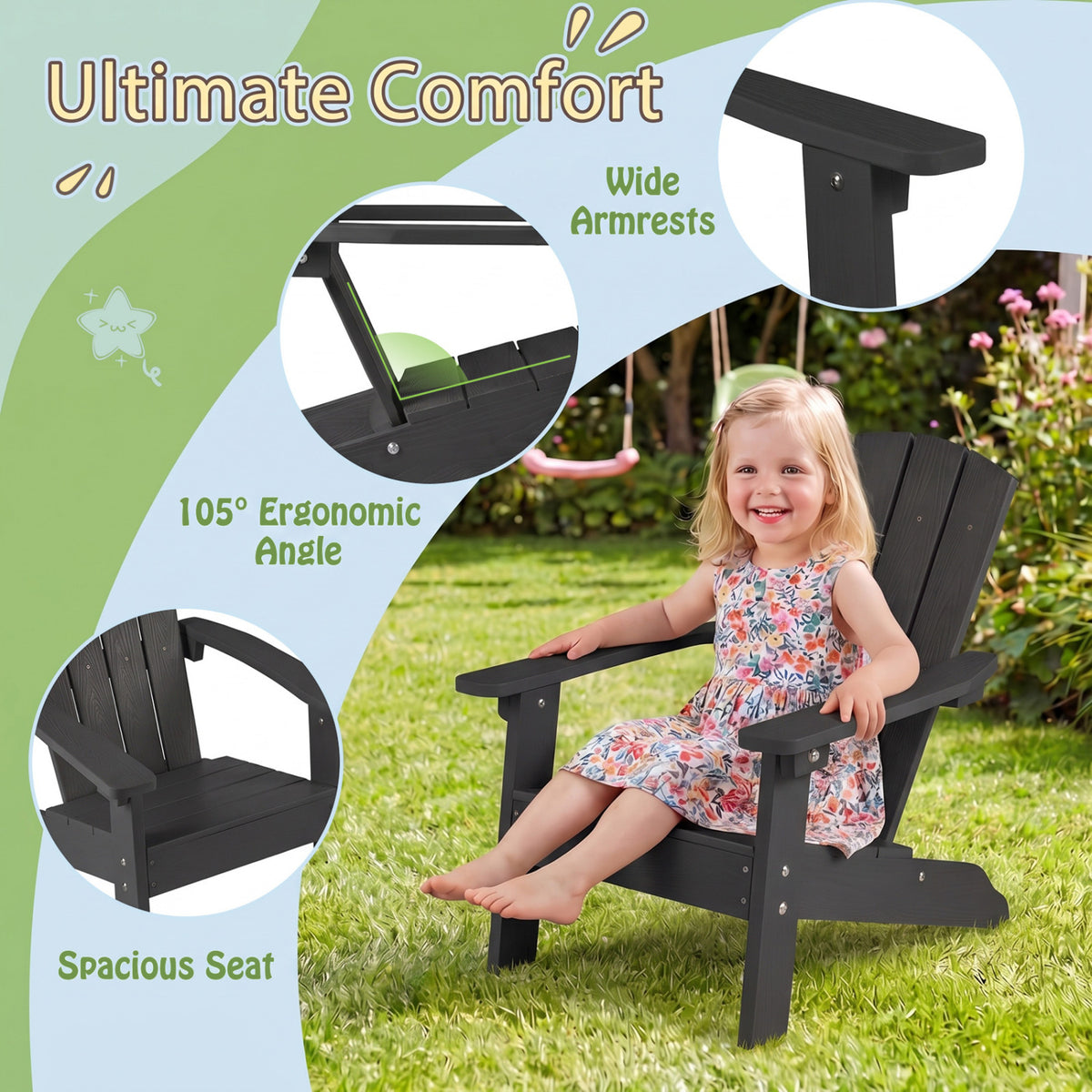 Chaise Adirondack pour enfant en HIPS tout temps, dossier haut, noir