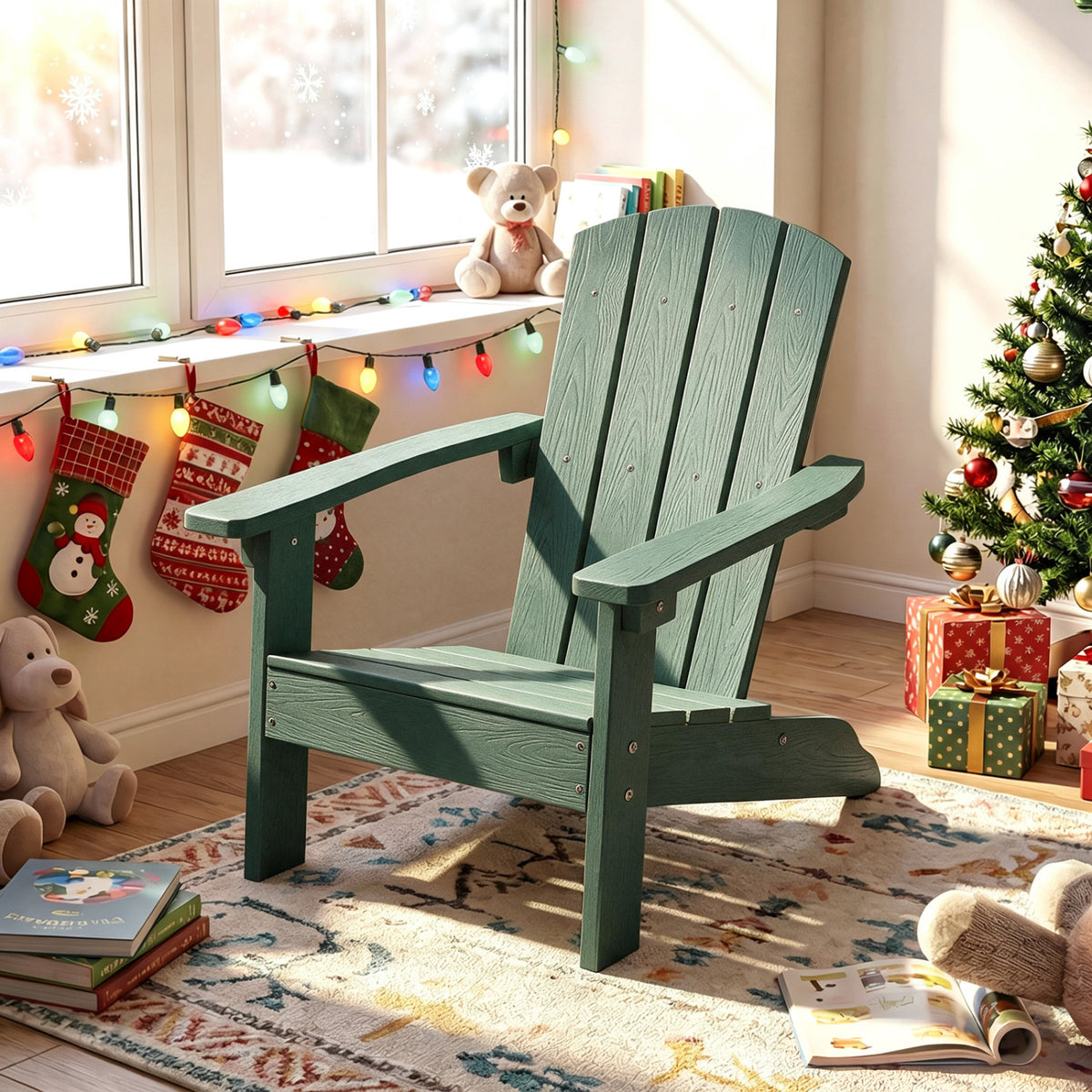 Chaise Adirondack pour enfants avec dossier haut et accoudoirs, verte