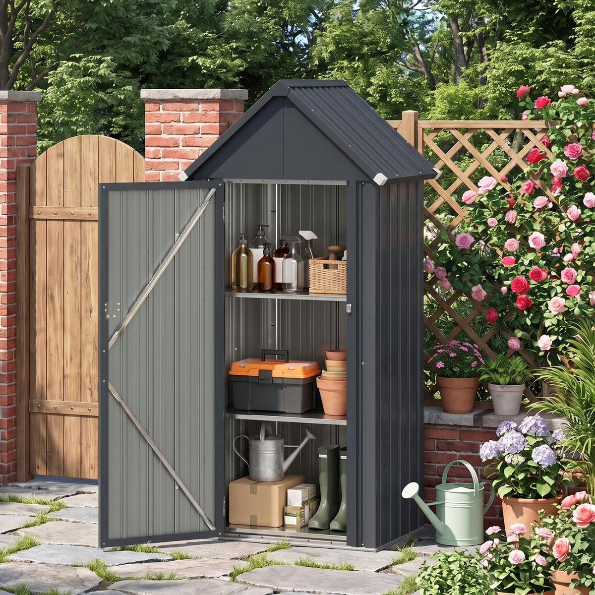 Abri de jardin extérieur, tous temps, étagères réglables, gris