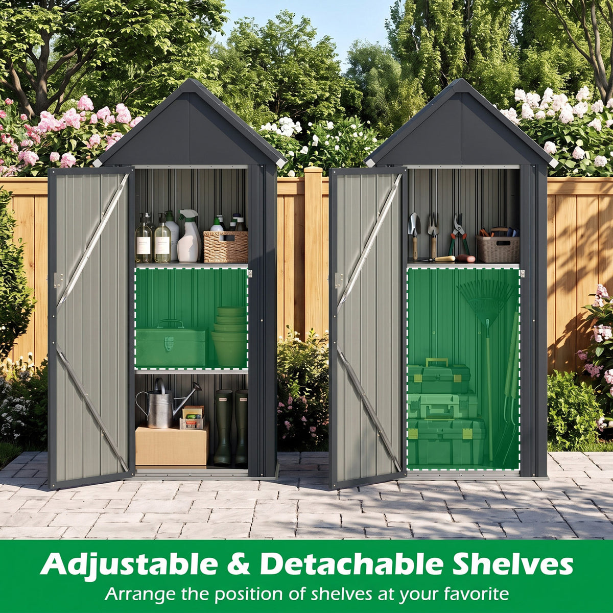 Abri de jardin extérieur, tous temps, étagères réglables, gris