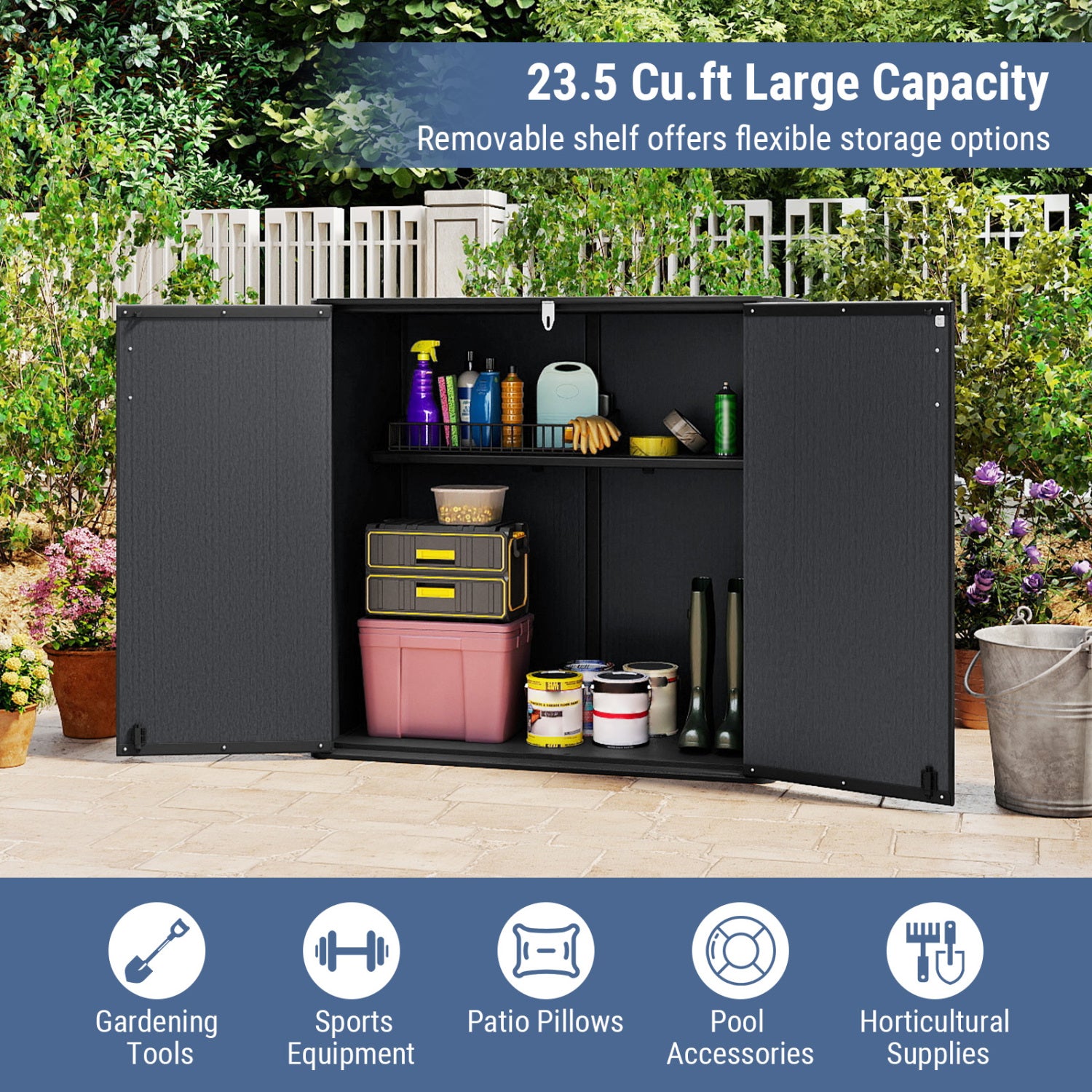All-Weather Storage Box with Floor and Removable Shelf for Patio and Lawn, Black Sheds & Outdoor Storage at Gallery Canada