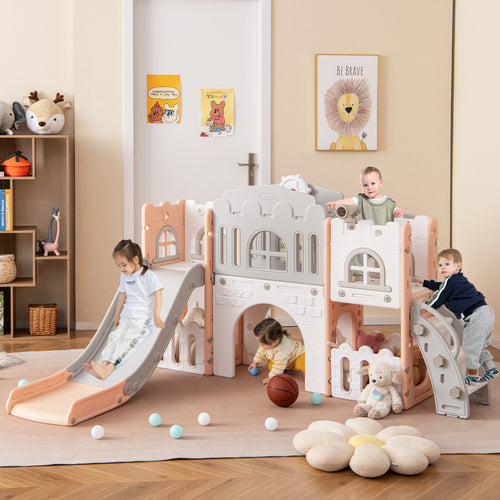 All-in-1 Toddler Slide Playset Playground with Tunnel and Ladder and Basketball, Pink