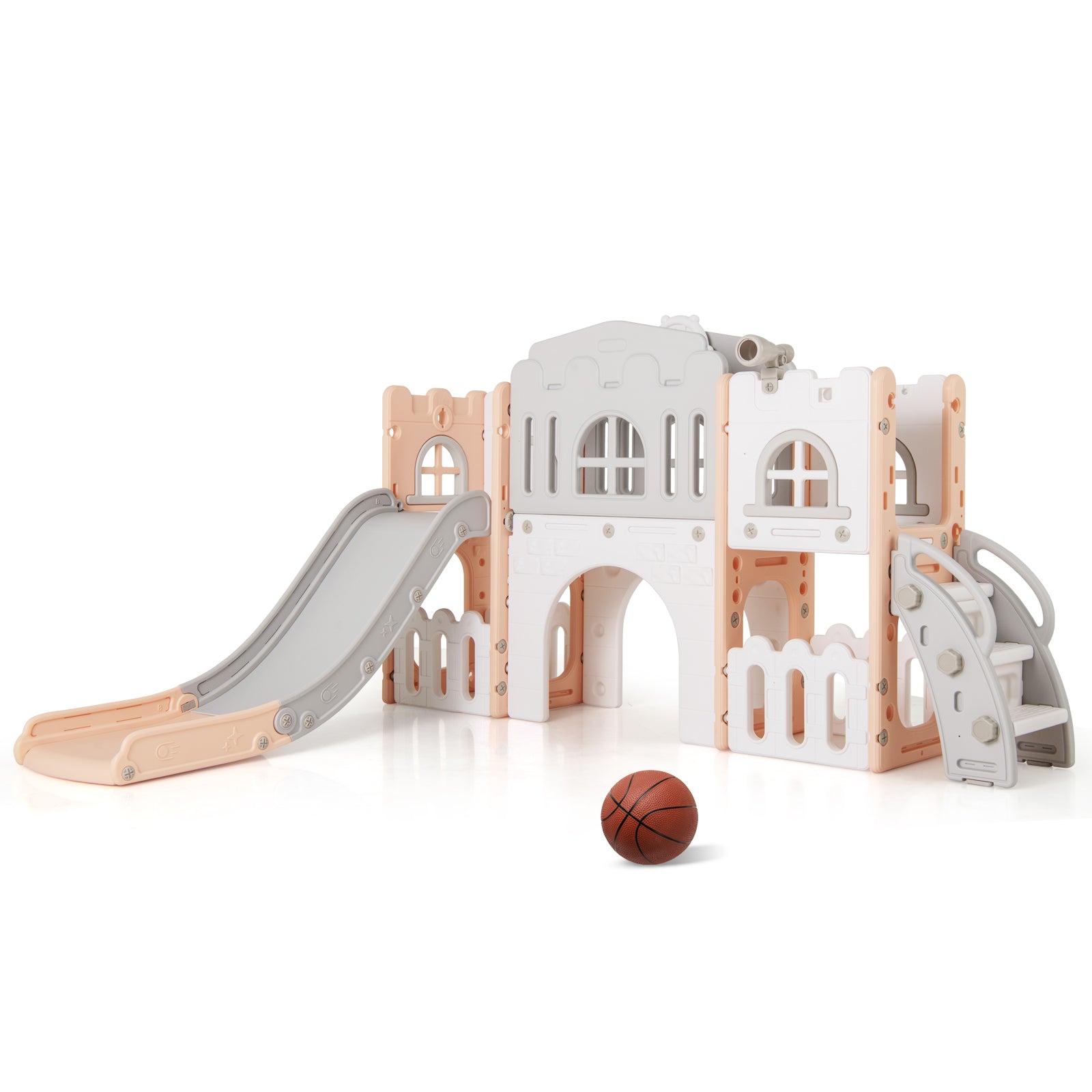 All-in-1 Toddler Slide Playset Playground with Tunnel and Ladder and Basketball, Pink Climbers & Slides Pink at Gallery Canada