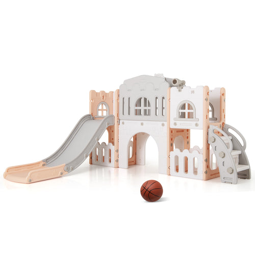 All-in-1 Toddler Slide Playset Playground with Tunnel and Ladder and Basketball, Pink