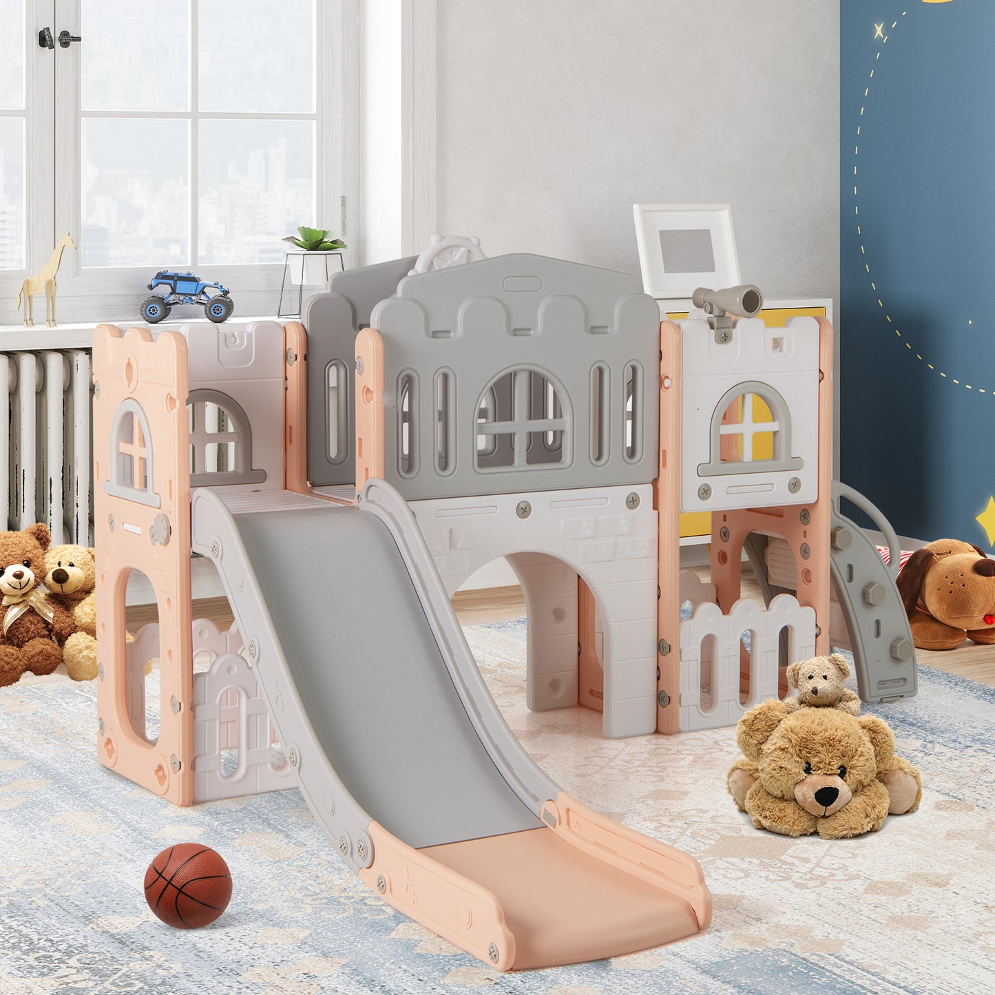 All-in-1 Toddler Slide Playset Playground with Tunnel and Ladder and Basketball, Pink Climbers & Slides at Gallery Canada
