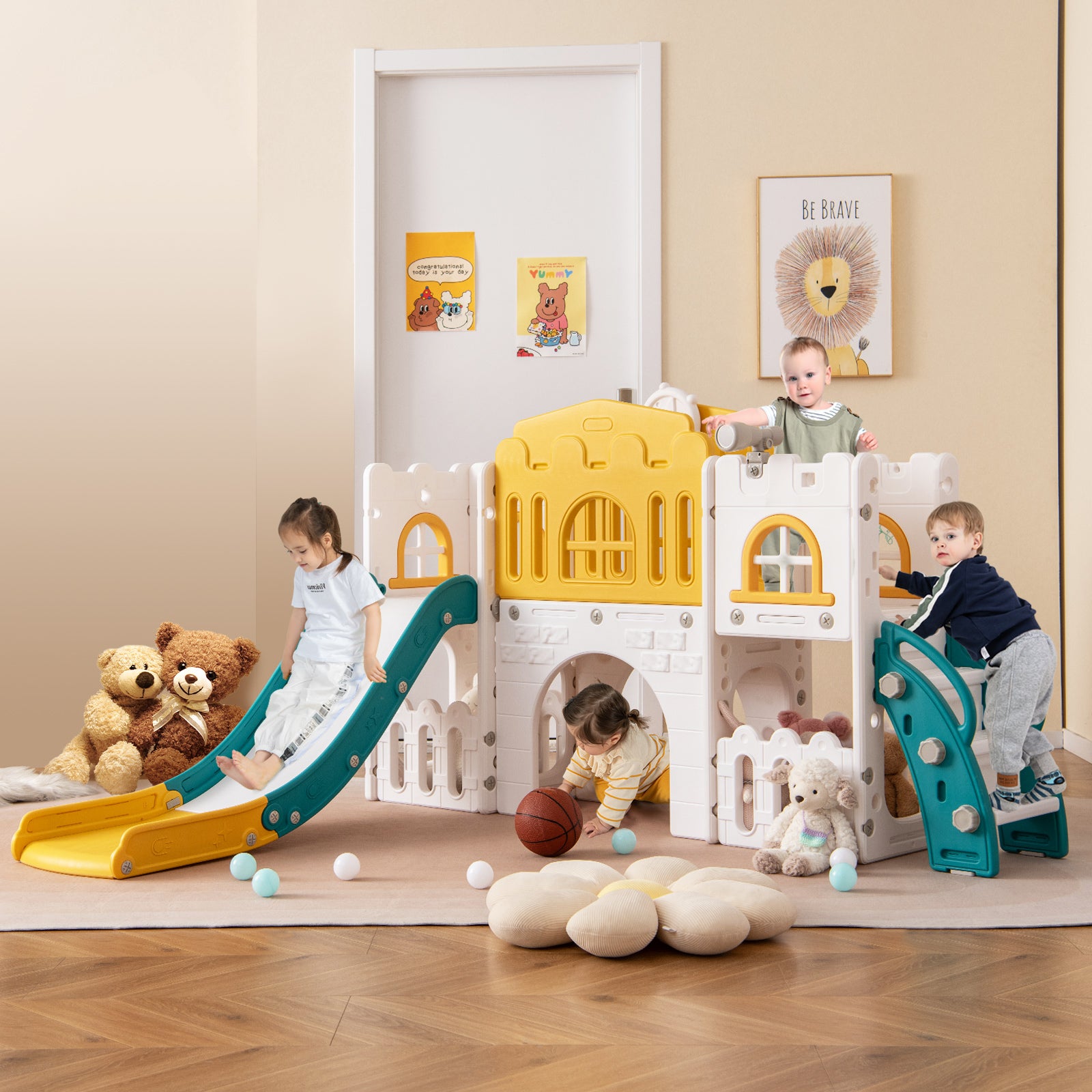 All-in-1 Toddler Slide Playset Playground with Tunnel and Ladder and Basketball, Yellow Climbers & Slides at Gallery Canada