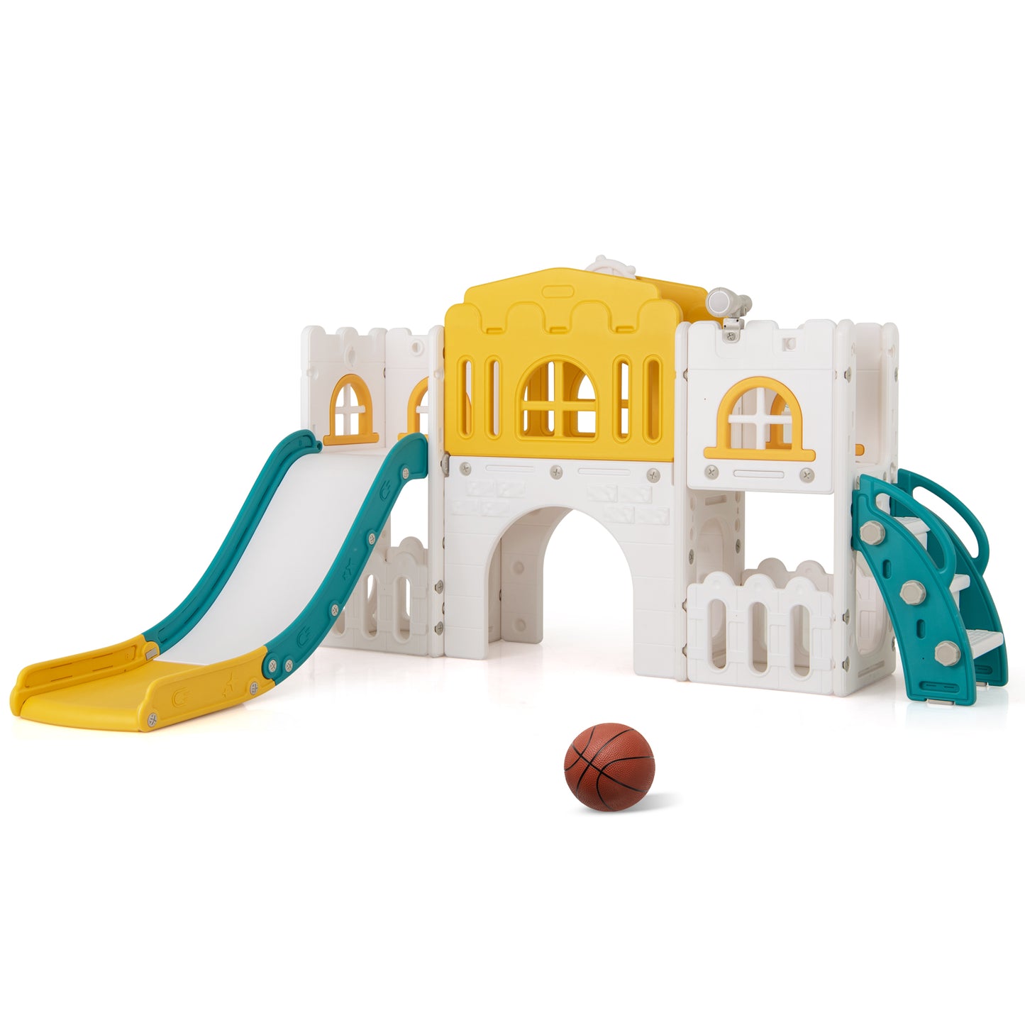 All-in-1 Toddler Slide Playset Playground with Tunnel and Ladder and Basketball, Yellow Climbers & Slides Yellow at Gallery Canada