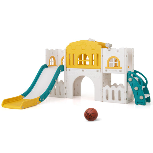 All-in-1 Toddler Slide Playset Playground with Tunnel and Ladder and Basketball, Yellow