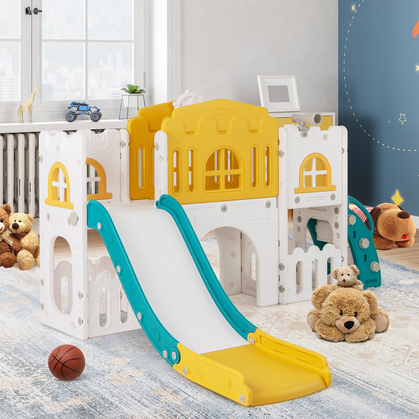 All-in-1 Toddler Slide Playset Playground with Tunnel and Ladder and Basketball, Yellow Climbers & Slides at Gallery Canada