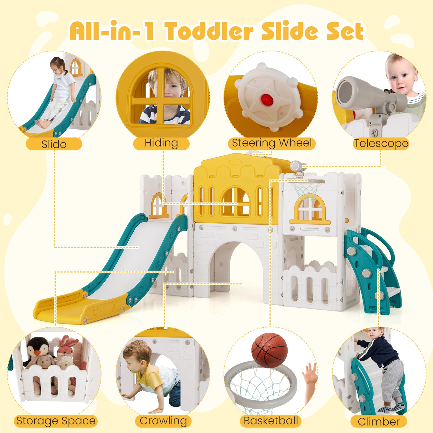 All-in-1 Toddler Slide Playset Playground with Tunnel and Ladder and Basketball, Yellow Climbers & Slides at Gallery Canada