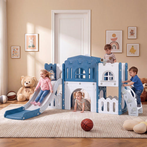 Toddler Slide Playset With Tunnel, Ladder, Basketball, Blue