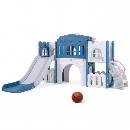 Toddler Slide Playset With Tunnel, Ladder, Basketball, Blue