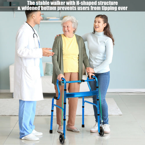 Heavy-Duty Aluminum Folding Walker With Wheels, Blue