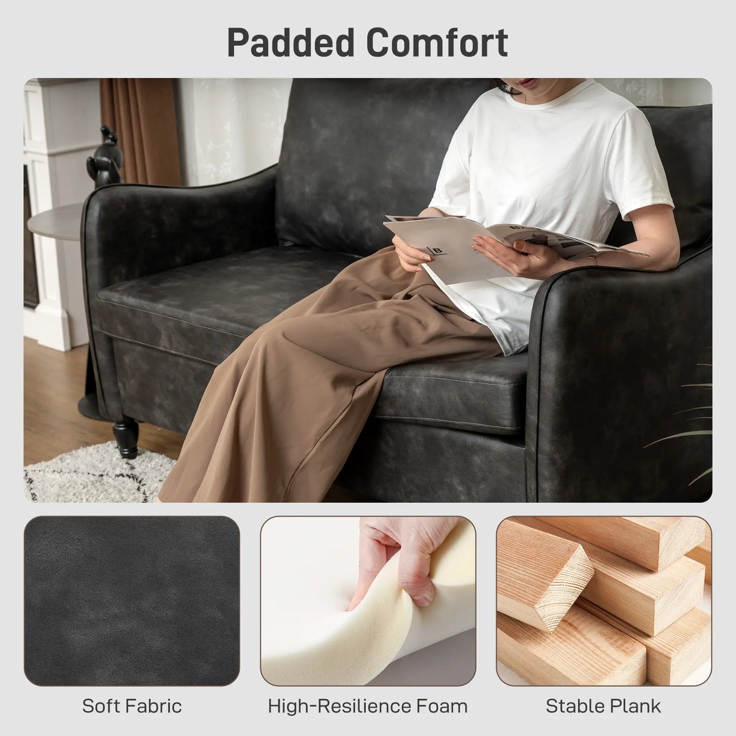 55" Loveseat Sofa, 2 Seater with Wood Legs, PU Leather, Grey 2-Seater Sofas at Gallery Canada