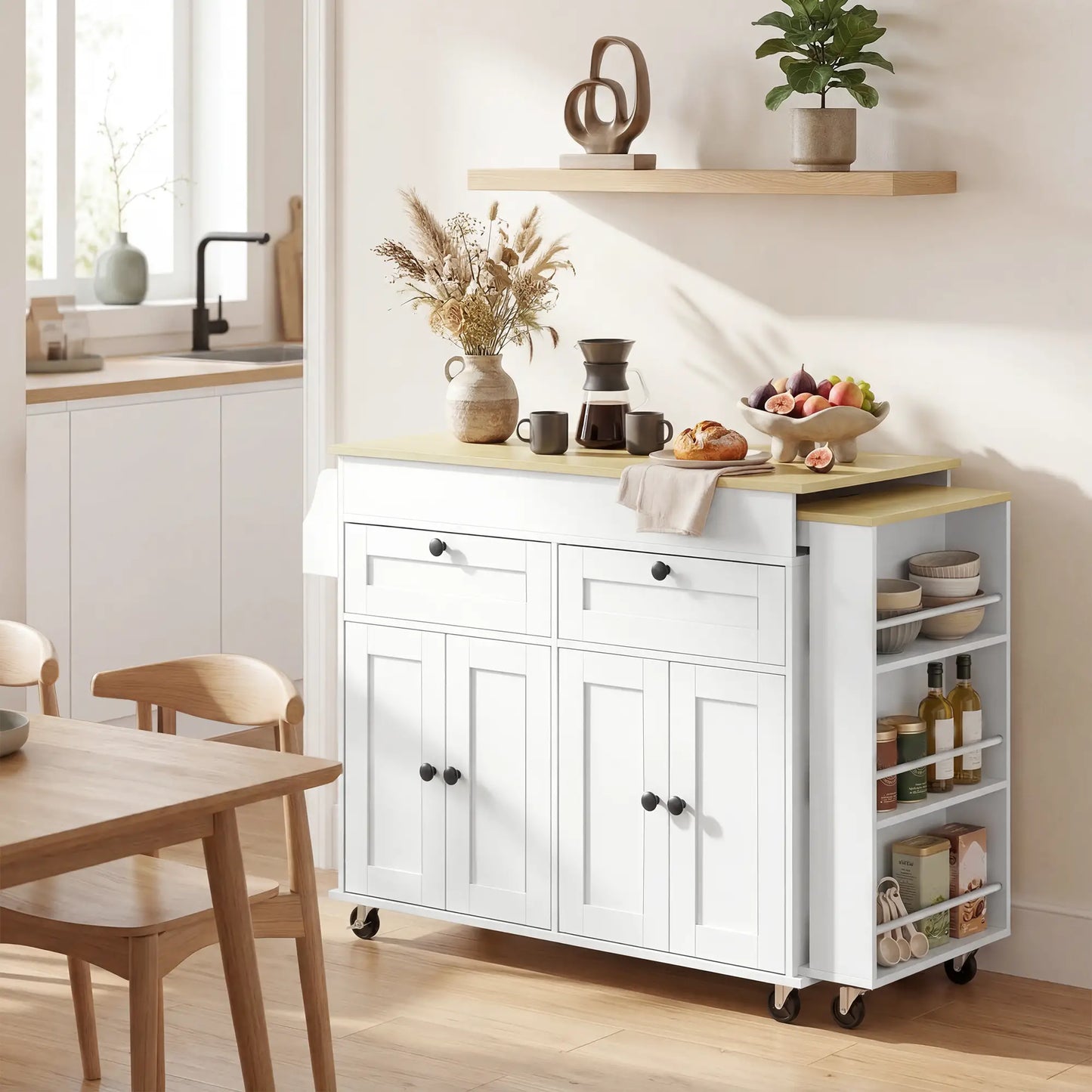 Kitchen Island With Sliding Expandable Top, Rolling Cart, White Kitchen Islands & Kitchen Carts at Gallery Canada