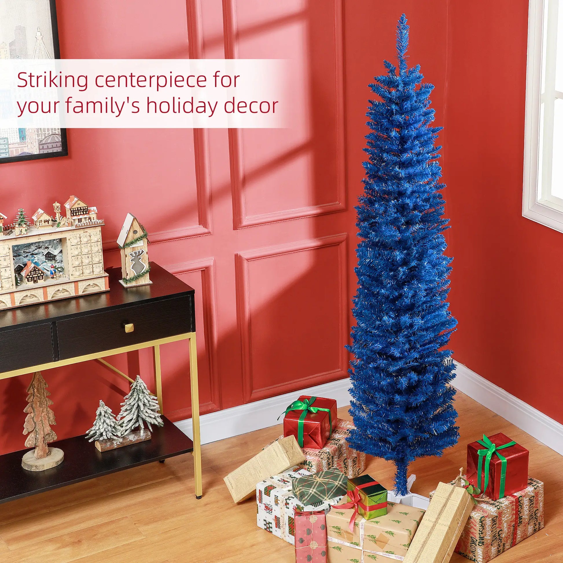 7' Slim Artificial Christmas Tree, Realistic Branches, Deep Blue Pencil Christmas Trees at Gallery Canada