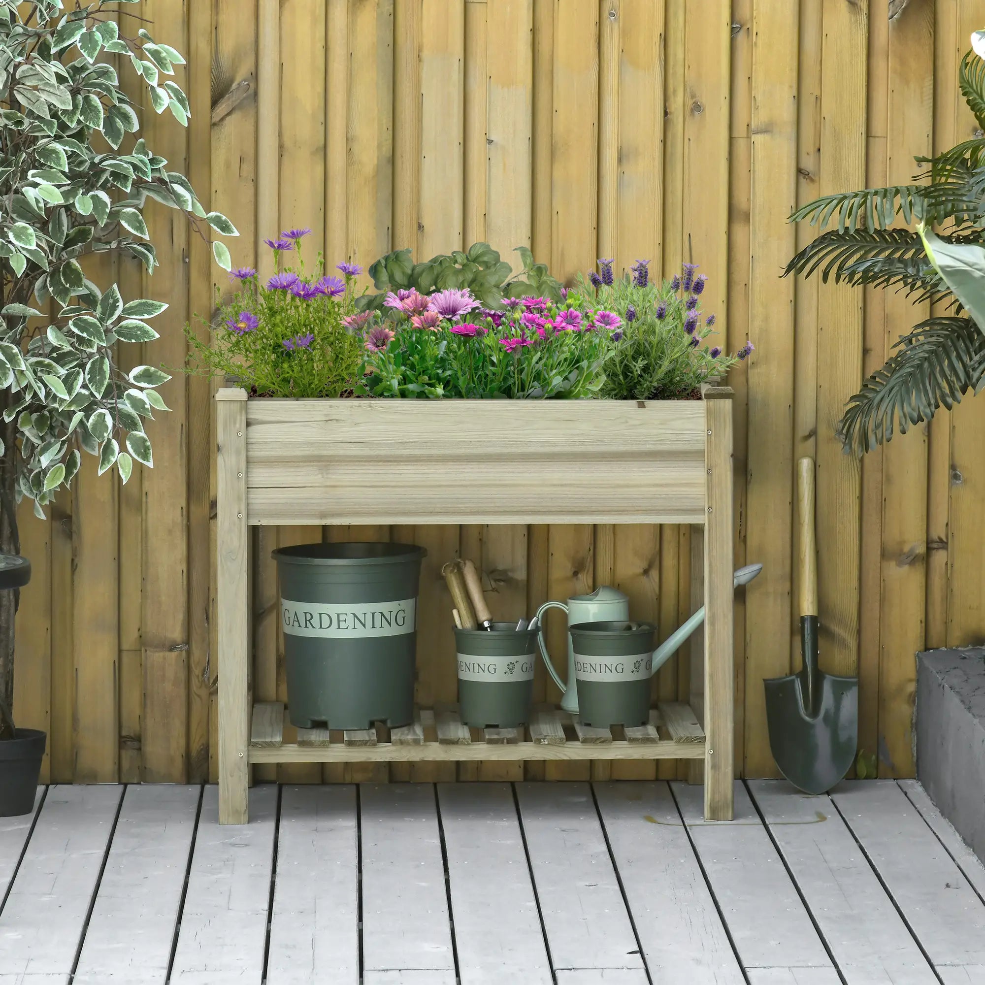 Elevated Wooden Planter Box With Legs And Storage Shelf, Green Elevated Garden Beds at Gallery Canada