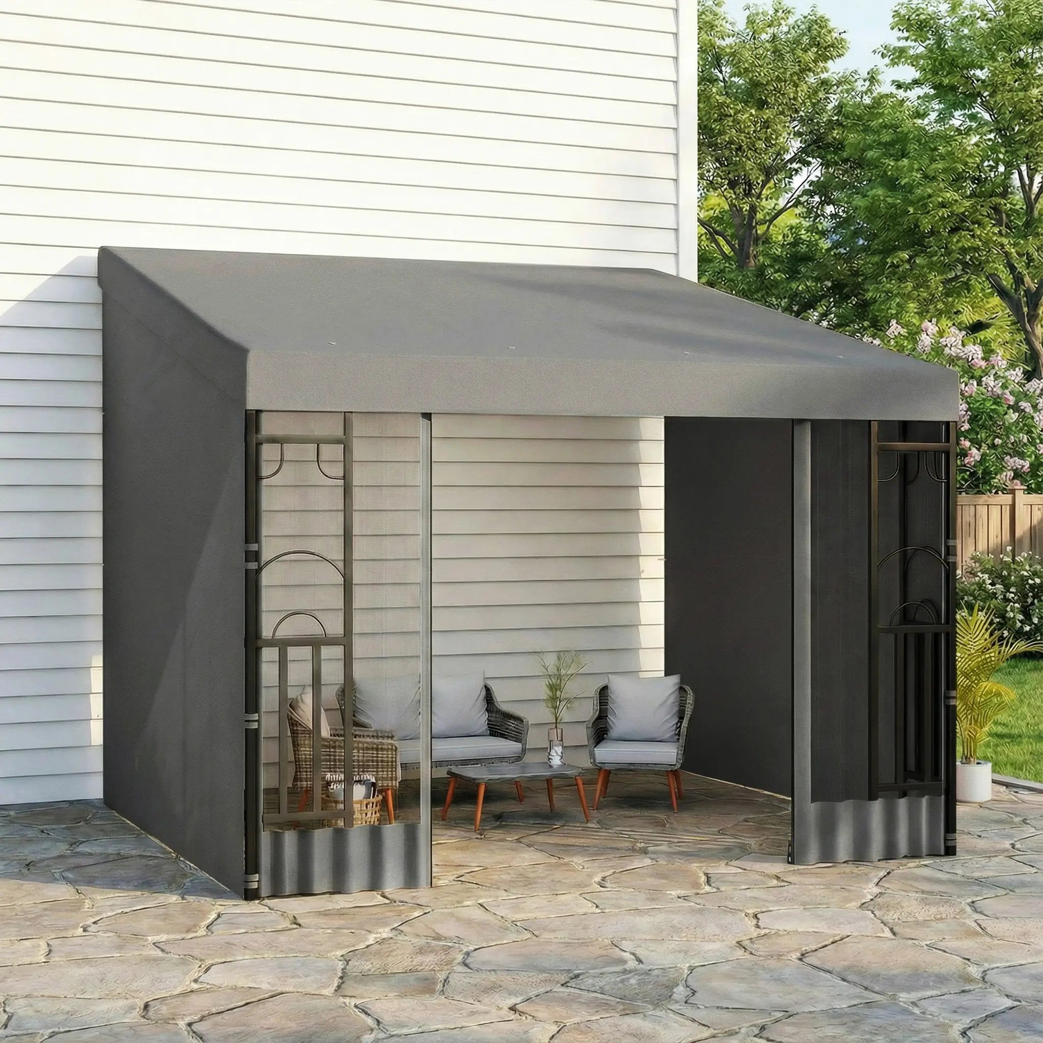 10' x 10' Wall Pergola, Outdoor Gazebo With Curtains, Dark Grey Pergolas at Gallery Canada