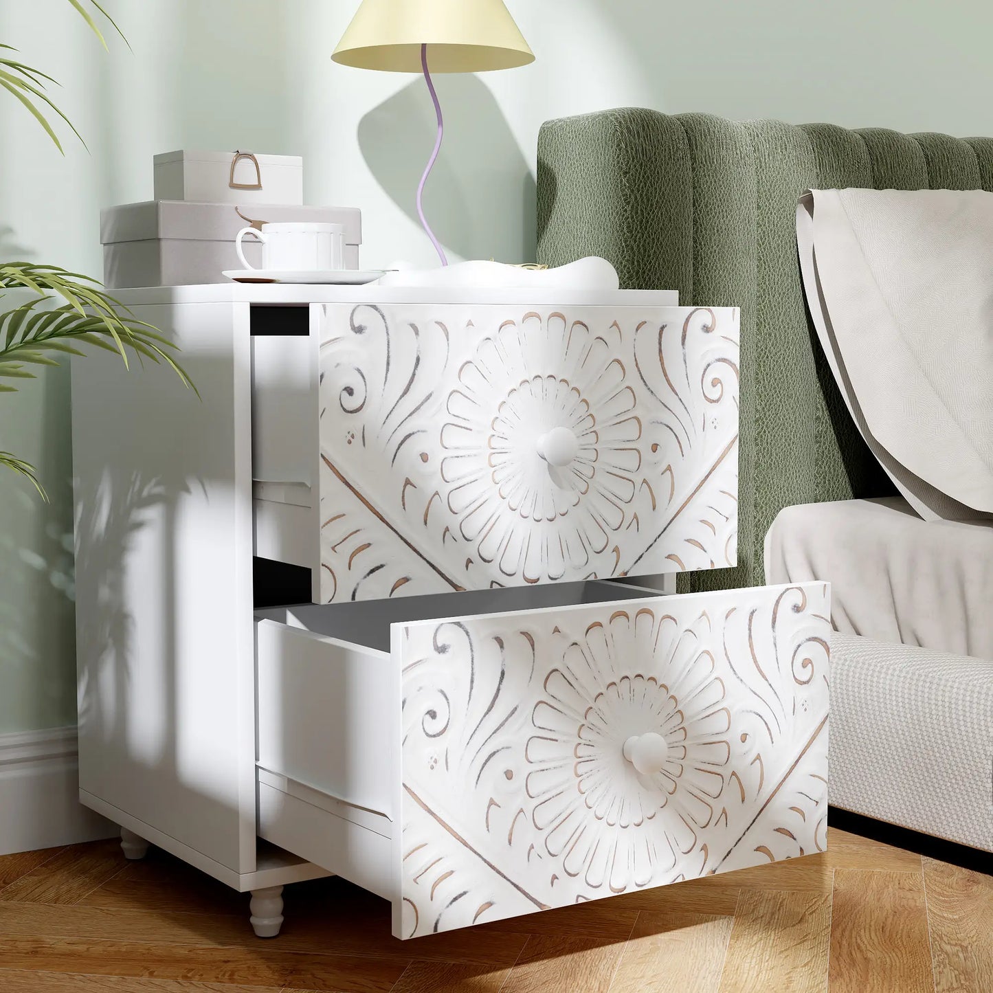 Mid-Century Bedside Table, Nightstand with 2 Drawers, White Bedside Tables at Gallery Canada