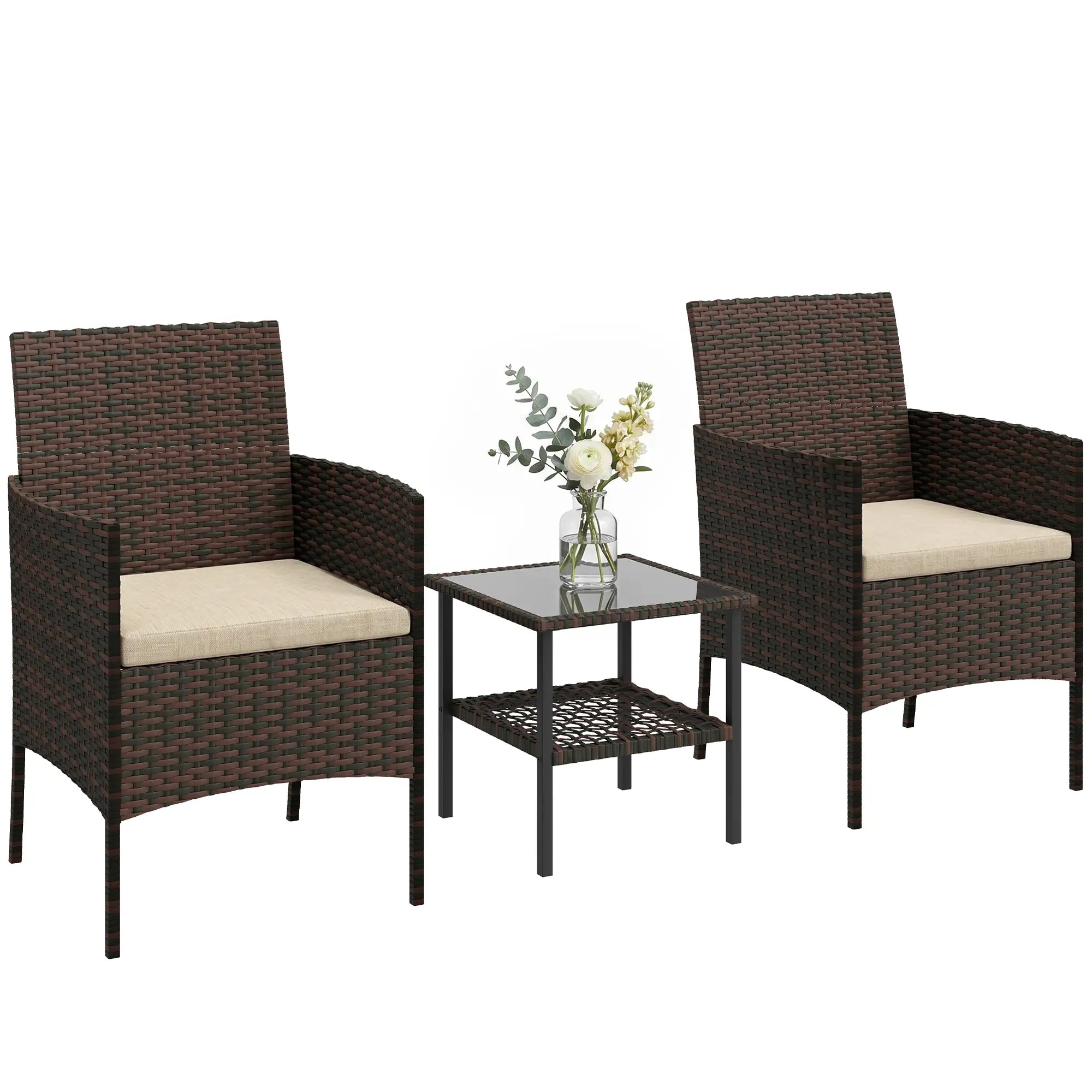 3 Piece Wicker Bistro Set, 2-Tier Glass Top Table, Khaki Bistro Sets at Gallery Canada